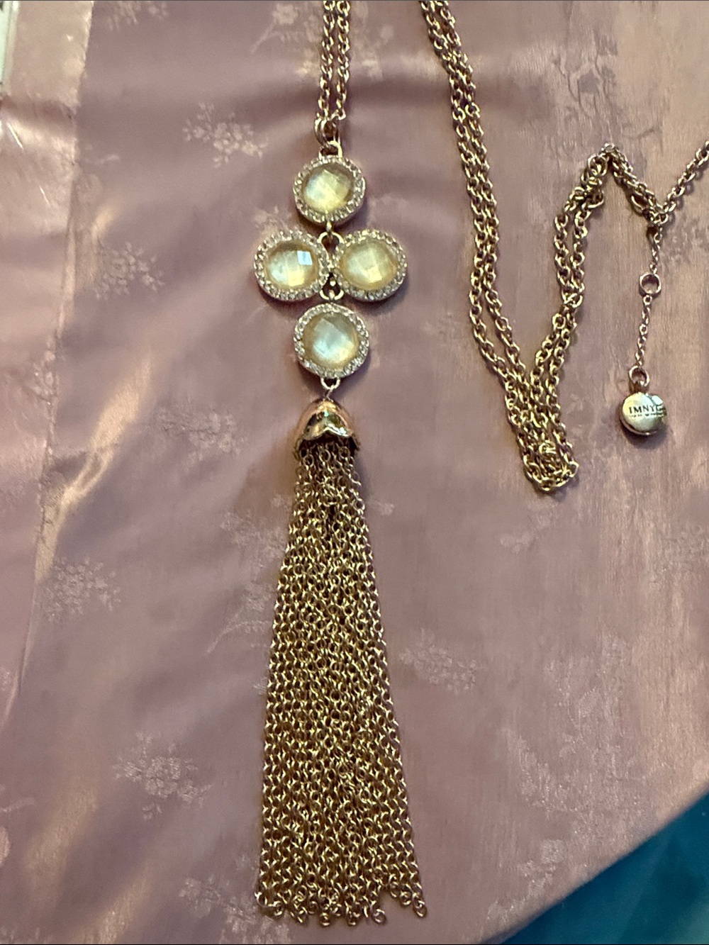 NYC Gold Tassel Necklace with Iridescent White Stones